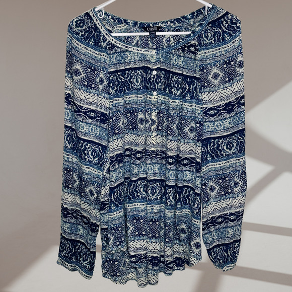 chaps boho patchwork aztec peasant blouse blue white xl - Picture 1 of 6